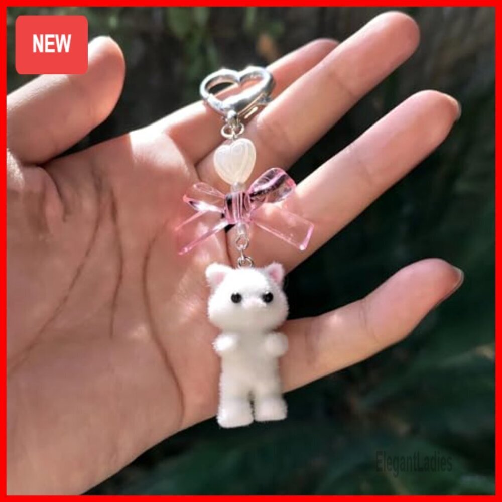 Faux Fur Cat Keychain with Heart Clip, 9cm Bag Charm - Picture 4 of 7